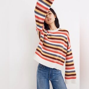 Madewell Cardiff Stripe Crewneck Coziest Yarn Red Pink Cream Bell Sleeve Sweater